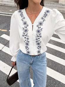 Camisa de manga larga con botones y bordados, elegante y casual para mujer - Blanco - Ver 8