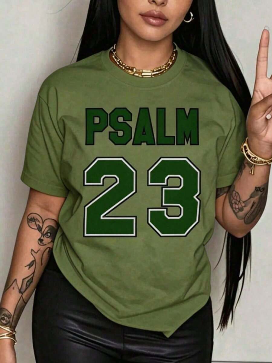 Women's Christian Faith T-Shirt With Psalm 23 Bible Verse - Soft And Breathable, 100% Casual, Crew Neck, Short Sleeve, Suitable For Church, Casual Wear And Personal Expression - Machine Washable, White And Green Lettering - Ideal Gift For Believers - Artistic Geometric Design, Loose Fit For Spring And Summer, Fashionable And Comfortable For Everyday Wear - 綠色 - 查看 1