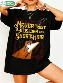 Never Trusttt A Musiciannn Withh Shortt Hairrr Rock Fanartt T-Shirt, Vintage Electric Guitar Graphic With Ornate Red Border, Quote Text In Gothic Font, Western Rock Style, Unisex Oversized 100% Cotton. - Black - View 6