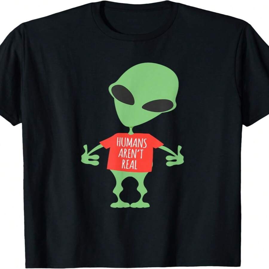 Camiseta exclusiva para el Día de la Independencia y el Día del Padre con divertido estampado de alienígenas y ovnis: fondo negro con alienígena verde y texto rojo, cómoda camiseta de manga corta con cuello redondo, ligeramente elástica, de corte regular, estilo casual urbano, unisex, ropa de ciencia ficción con humor, apta para todas las estaciones. - Negro - Ver 1