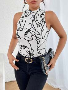 Camiseta sin mangas de cuello alto para mujer con estampado total para el verano - Blanco y Negro - Ver 6
