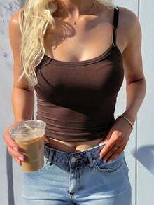 Top de lencería de moda para mujer  camiseta sin mangas de cuello redondo ajustada de estilo casual y sexy para primavera/verano, adecuada para uso diario y viajes a la oficina - Marrón - Ver 3