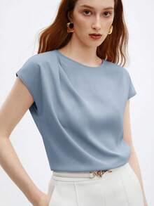 Blusa de satén de corte holgado con mangas acampanadas para mujer, elegante y versátil para ocasiones urbanas románticas, formales, de viaje, como invitada de boda, cumpleaños, casual de negocios, citas, aeropuerto, regreso a clases, uso en la ofi - Celeste - Ver 1