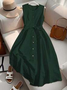 Vestido estilo francés de media pierna sin mangas de alta gama color naranja para mujer - Verde Oscuro - Ver 3
