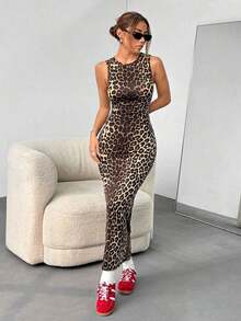 Vestido ajustado sin mangas con estampado de leopardo para mujer - Negro - Ver 6