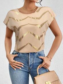 Blusa de mangas tipo murciélago de satén de unicolor, blusas de manga corta - Albaricoque - Ver 3