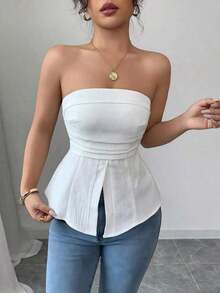 Blusa casual y sexy con diseño sin espalda y textura tejida para mujer, /verano - Blanco - Ver 4