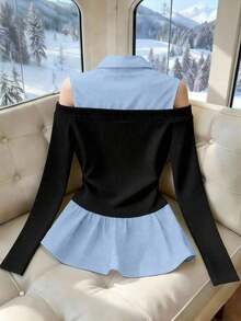 Blusa minimalista francesa de 2 en 1 con hombros descubiertos y mangas abullonadas, en contraste de color clásico negro y blanco para mujeres - Azul - Ver 2