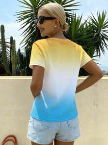 Camiseta casual de mujer de manga corta de verano con estampado de letras y degradado de color - Multicolor 2 - Ver 2