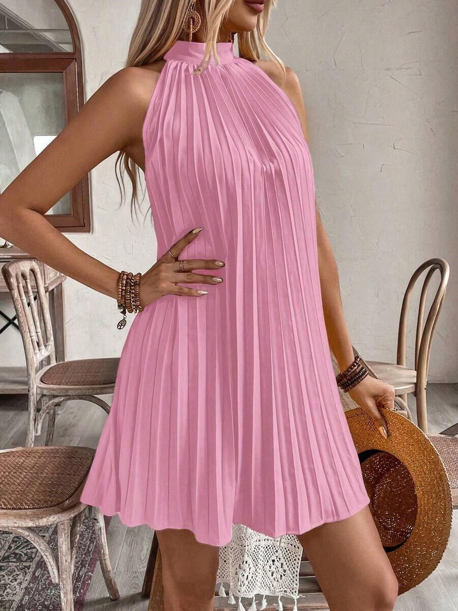 Vestido plisado con hombros abiertos y estampado para vacaciones, conjunto de ropa de playa para vacaciones - Rosa - Ver 1