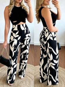 Elegante conjunto de 2 piezas de top sin espalda con cruce y pantalones rectos sexy para mujer - Multicolor - Ver 1