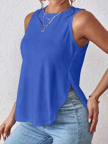 1 pieza Camiseta casual de mujer de cuello redondo y bajo con abertura lateral de un solo color - Azul - Ver 3