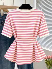 Camiseta de manga corta de cuello redondo con cintura a rayas, casual de verano para mujer - Rosa - Ver 2