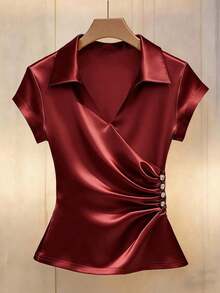 de verano elegante para mujer con cuello en V, mangas cortas y drapeado, unicolor, top de satén blanco para fiestas, salidas a la playa y eventos - Rojo - Ver 7