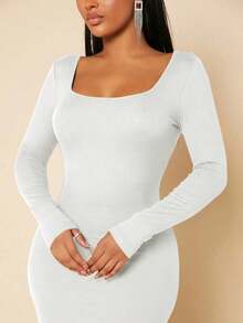 Vestido ajustado unicolor de cuello scoop - Blanco - Ver 5