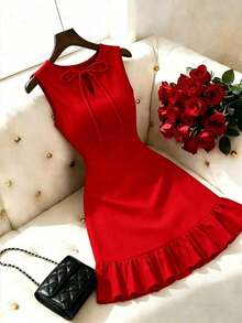 Nuevo vestido mini ajustado de mujer con cuello redondo, diseño de lazo, abertura lateral sin mangas, vestido de oficina, cita y fiesta, elegante y versátil con diseño de color block y volantes - Rojo - Ver 1