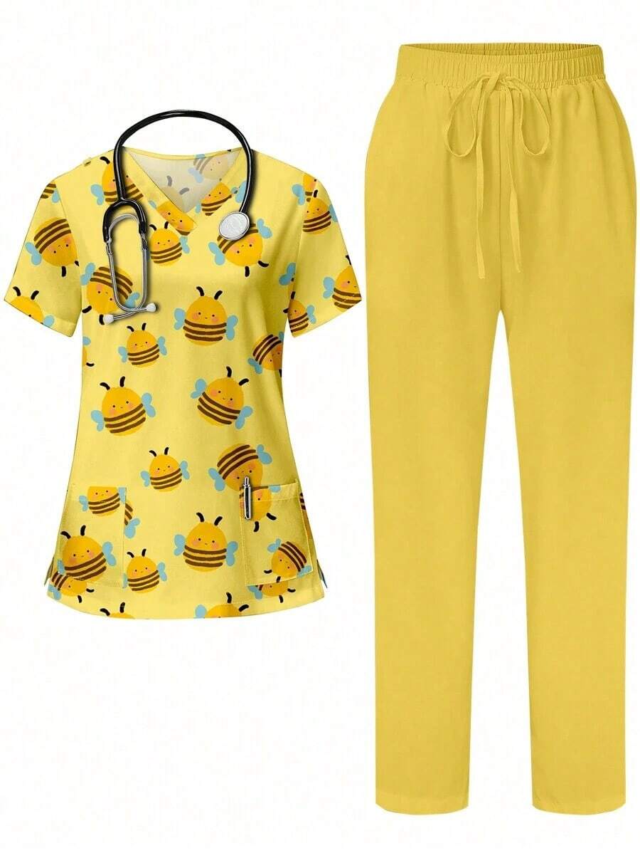 Conjunto de uniforme de enfermera de 2 piezas con parte superior con estampado de gráfico de gato lindo y pantalón recto de pierna recta, de color azul grisáceo, con cuello en V, manga corta, bolsillo y diseño de oreja colgante, para primavera/ve - Amarillo - Ver 1
