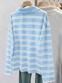 Camiseta holgada de murciélago a rayas de estilo casual para mujer, otoño - Azul - Ver 2
