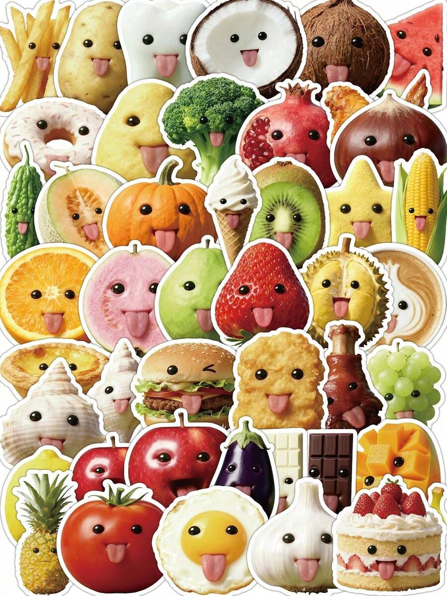 53pcs Funny Food Stickers With Humorous Expressions And Interesting Poses, Customizable, Waterproof Vinyl Material Suitable For Refrigerator, Lunch Box, Bringing Joy And Laughter, Random Colors