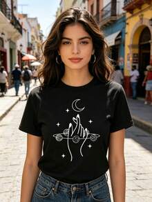 ¡Oferta por tiempo limitado, unidades limitadas,  relámpago! Camisas casuales para mujer, camisetas de poliéster para mujer, camisas elegantes.,Camiseta informal de mujer de manga corta y cuello redondo de poliéster con estampado de planetas y lunas, ideal para uso diario. - Negro - Ver 4