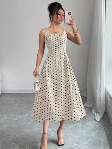Vestido casual de largo medio sin mangas con cuello cuadrado, plisado y estampado de lunares para mujeres - Multicolor - Ver 1