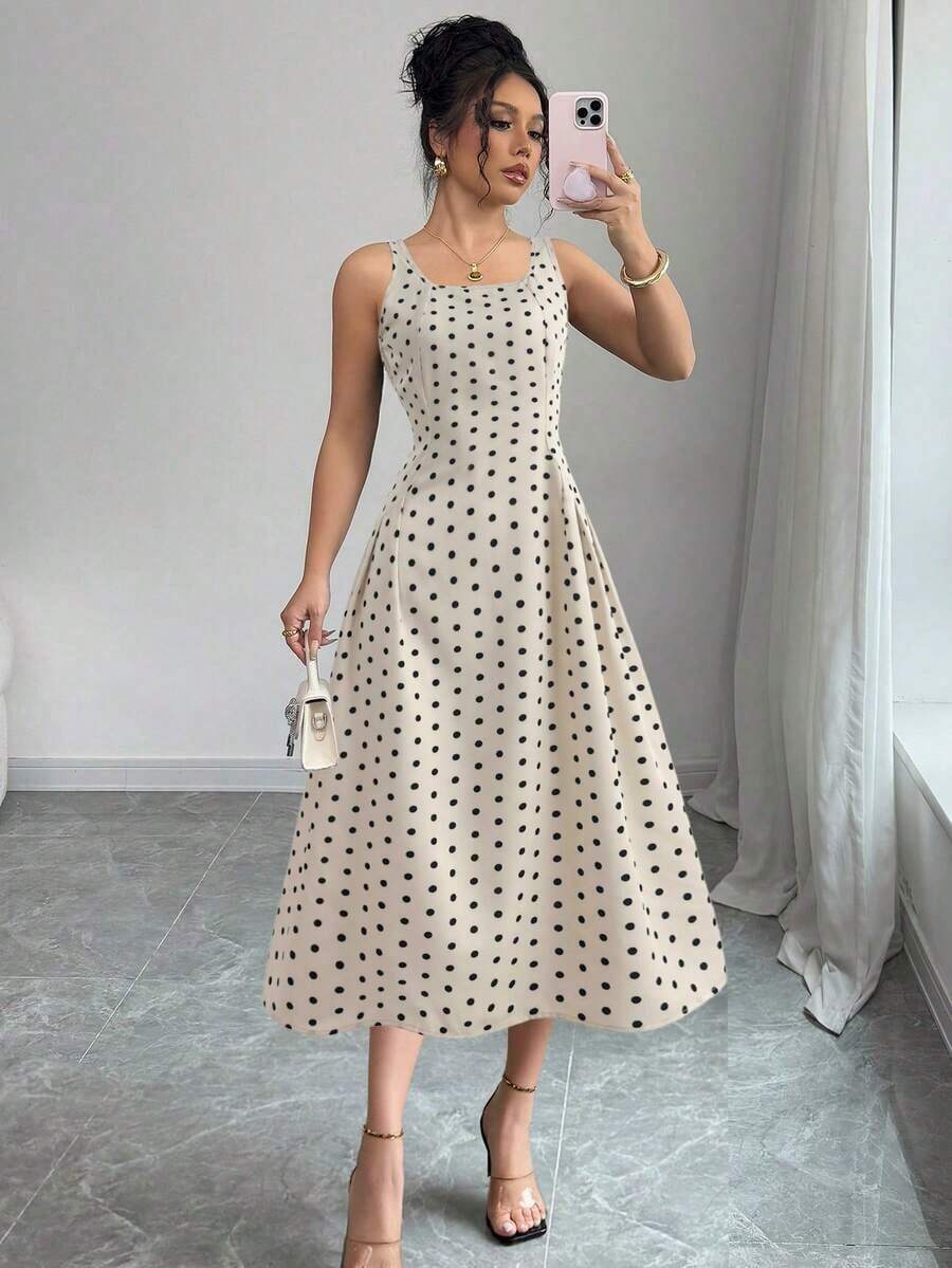 Vestido casual de largo medio sin mangas con cuello cuadrado, plisado y estampado de lunares para mujeres - Multicolor - Ver 1