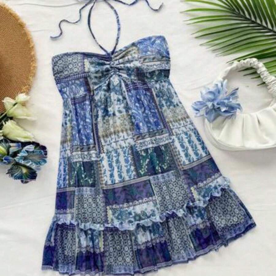 Western Wear Women,Summer Dresses For Women,Vacation Outfits Woman,Bohemian,Rave Outfit Festival,Concert Outfit Women,Easter Dress Women,Women's Vacation Colorful Retro Print Drawstring Front & Back Tie Layered Mini Dress, Music Festival Outfit,Sun Dress - Multicolor - Ver 1