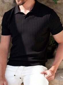 Men's Loose Fit Polo Shirt, Solid Color, Slim Fit, Polo Collar, Short Sleeve, Ribbed Knit - Black - View 1