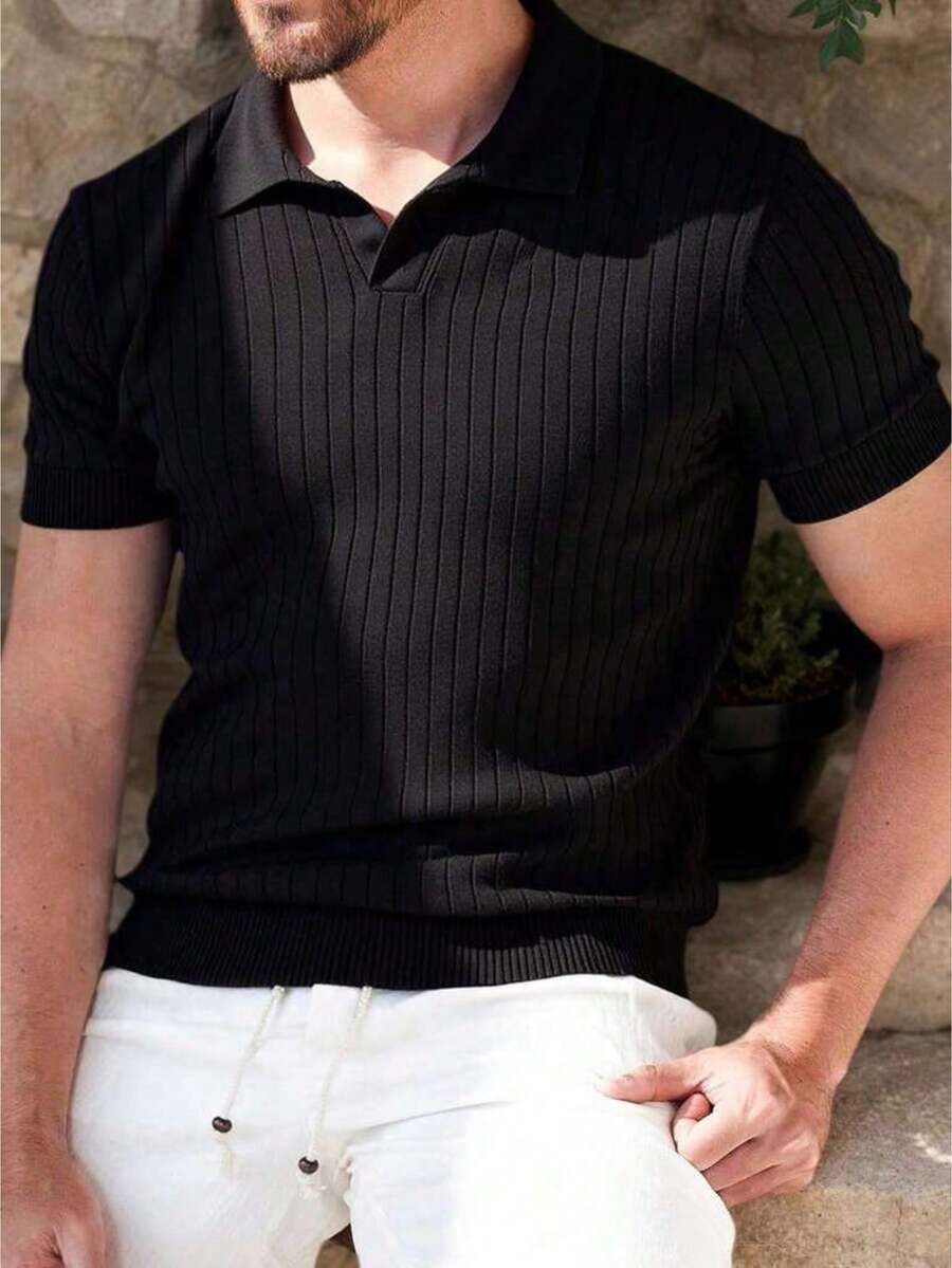 Men's Loose Fit Polo Shirt, Solid Color, Slim Fit, Polo Collar, Short Sleeve, Ribbed Knit - Black - View 1