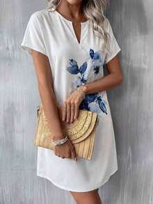 Vestido casual de mujer con estampado floral, cuello en V y manga corta para vacaciones - Blanco - Ver 5