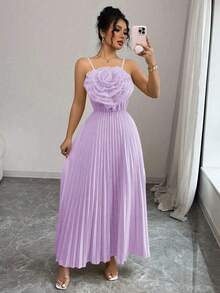 Vestido largo elegante diario de fiesta con flores 3D y cintura fruncida en estilo A-line, vestido de mujer amarillo para primavera y verano - Púrpura malva - Ver 4