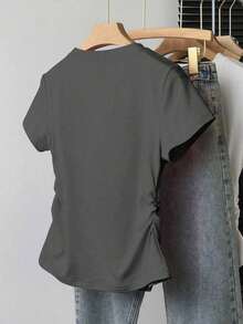 Camiseta de mujer con hombros fruncidos y manga corta, ajuste ceñido, de moda y versátil, nueva llegada para primavera/verano/otoño - Gris Oscuro - Ver 2