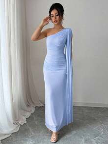 Vestido largo ajustado de mujer de color amarillo claro, moda para primavera/verano - Azul - Ver 6