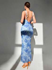 Vestido largo con tirantes de espagueti y espalda descubierta, de estilo minimalista y apropiado para el verano - Azul - Ver 1