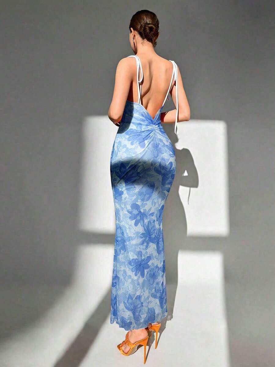 Vestido largo con tirantes de espagueti y espalda descubierta, de estilo minimalista y apropiado para el verano - Azul - Ver 1