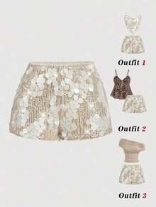 Pantalones cortos negros glamorosos de mujer con adornos de lentejuelas - Albaricoque 2 - Ver 1