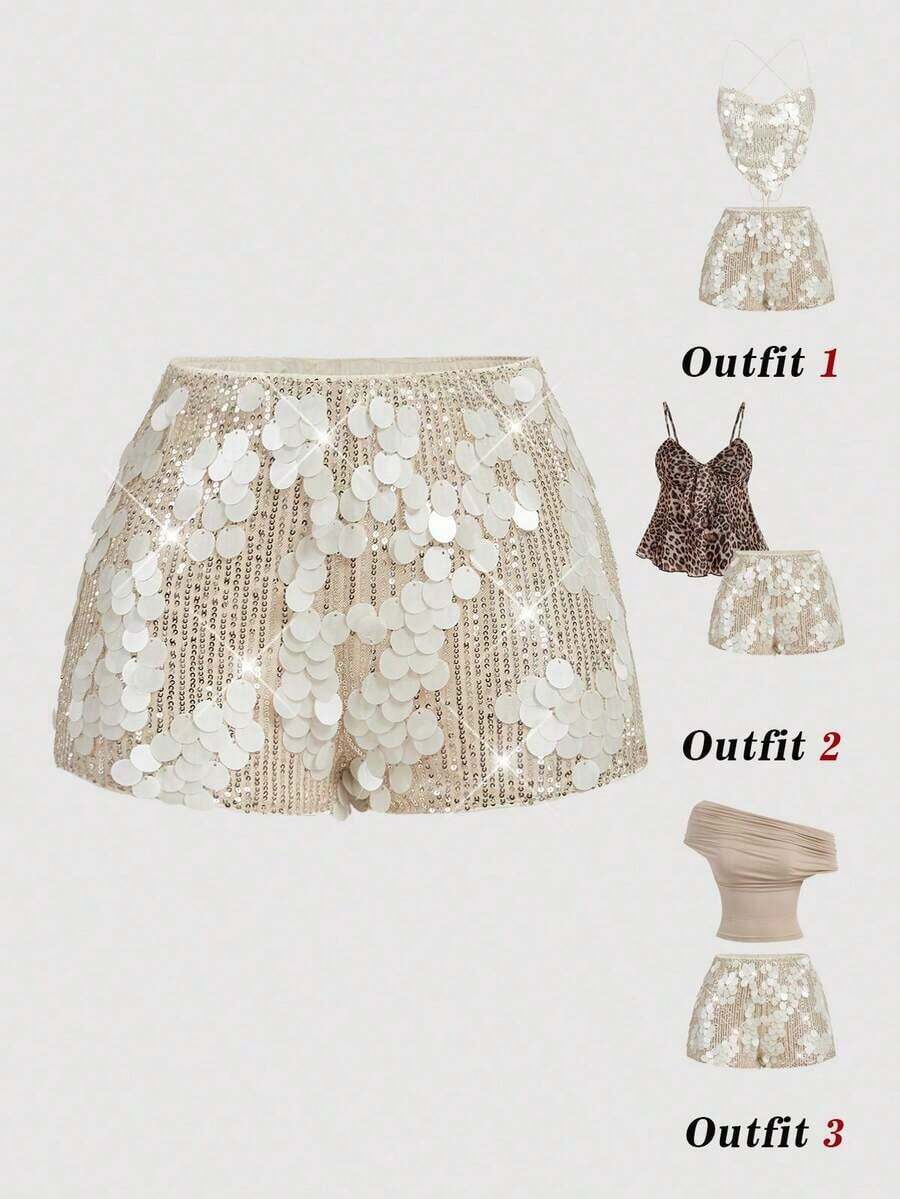 Pantalones cortos negros glamorosos de mujer con adornos de lentejuelas - Albaricoque 2 - Ver 1