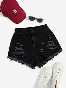 Shorts mezclilla rotos bajo crudo - Negro - Ver 1