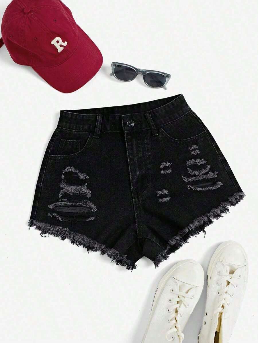 Shorts mezclilla rotos bajo crudo - Negro - Ver 1