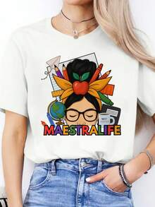Camiseta casual de primavera/verano con estampado de letras en español, camiseta deportiva de manga corta con cuello redondo, top para mujer, 100% algodón. - Blanco - Ver 1