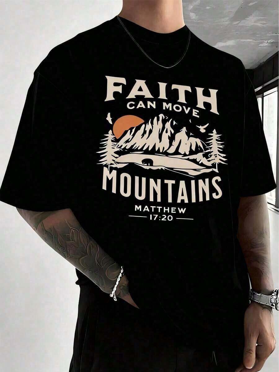Faith Moves Mountains - Camiseta Casual de Manga Corta para Hombre - Camiseta Básica de Verano para Hombre (Tallas S-3XL) Estilo Vintage, Camiseta con Estampado Gráfico, Romwe, Camiseta Divertida, Camiseta con Estampado, Estilo Occidental, Camiseta con Estampado - Negro - Ver 1