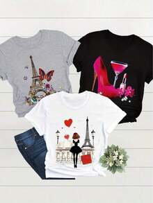 Single Garment, Not A 3-Piece Set. Set Of 1 Women's Short-Sleeved T-Shirt In A Retro American Style, Featuring City Name Prints. Soft To The Touch, Comfortable, And Versatile. Choose 1 Of 3 Styles. Suitable For Holy Week And Easter. Suitable For Wearing On Labor Day And Mother's Day. - 黑色 - 查看 7