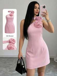 Vestido de mujer sin mangas con corte floral en los hombros, ajustado, ligero, para primavera/verano - Rosa - Ver 6