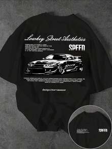 Camiseta de manga corta con estampado de logotipo de coche para hombre Manfinity Dauomo, 100% algodón de verano - Negro - Ver 1
