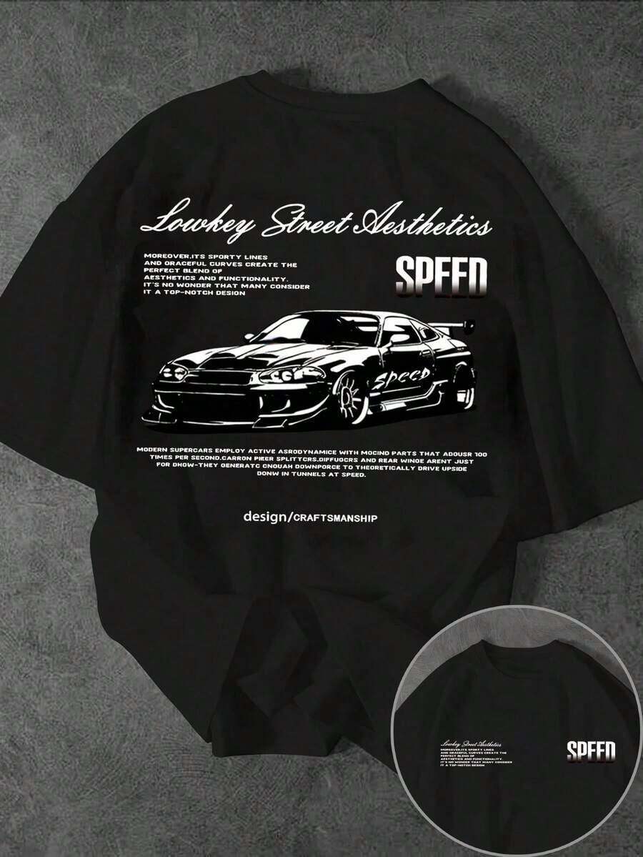 Camiseta de manga corta con estampado de logotipo de coche para hombre Manfinity Dauomo, 100% algodón de verano - Negro - Ver 1