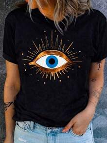 New 2026 Playera con diseño de ojo, estampado, a la moda, moderno, colorido, ojo turco, protección, playera cuello redondo, manga corta, ideal para todos los días, llamativa, holgada, a la moda, ideal para tí. - Negro - Ver 6