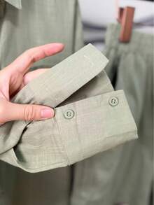 Linen Shirt And Shorts Set (2 Pieces), Lined With Elastic. - Grass Green - View 3