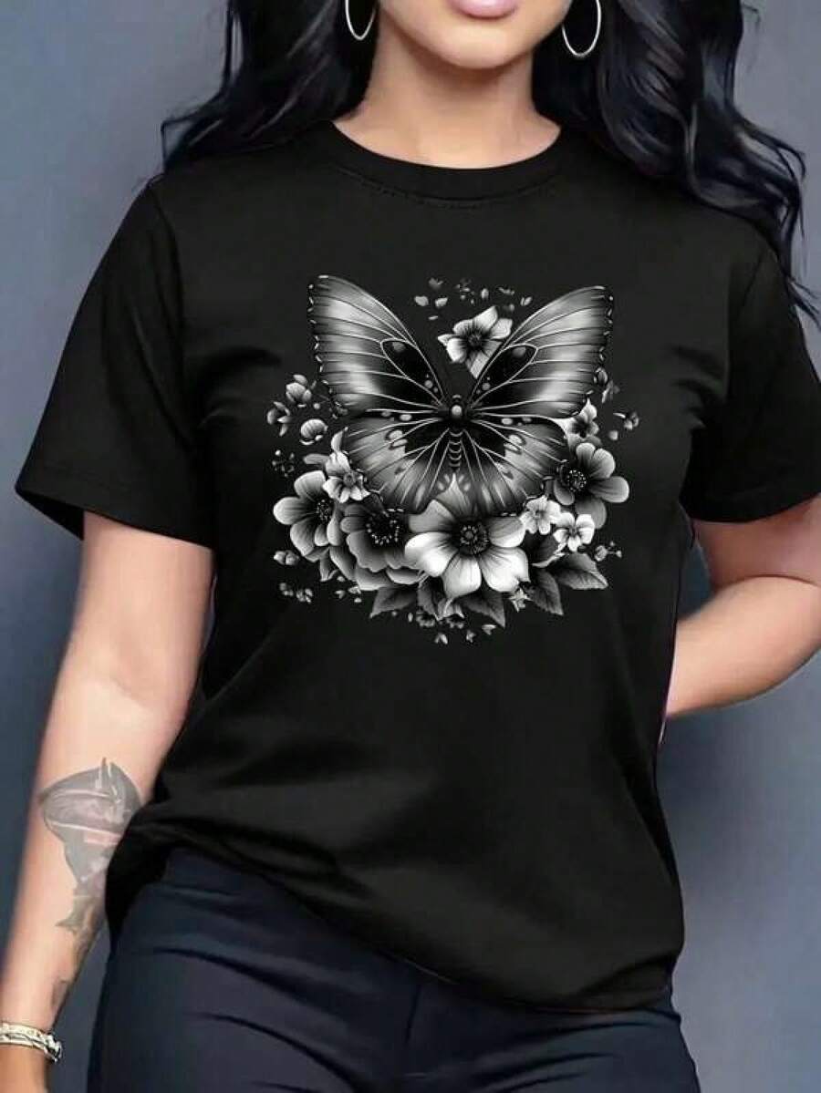 Camiseta Casual de Mujer con Estampado de Mariposas y Flores, Cuello Redondo Manga Corta, Tejido Verde Suave, Moda Primavera/Verano, Lavable a Máquina, Ropa de Primavera Verano | Diseño Inspirado en la Naturaleza | Camisa Cómoda 1  Sexy  Casual  Dulce  Elegante  Fiesta    Estampado floral 3D  Playa  Vacaciones  Deportivo  Jardín  Luna de bebe  Casa    verano  Estampado floral 3D - Negro - Ver 1