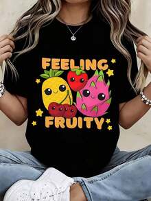 Casual T-Shirt With Cute Fruit Design, White, Loose Fit, Pineapple, Strawberry, Dragon Fruit And Cherry Print, Women's Top, 100% Cotton, Durable - 黑色 - 查看 1