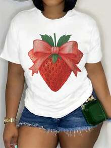 Strawberry Casual T-Shirt, New Must-Have For Summer, Suitable For Both Spring And Summer, Comfortable And Casual Essential T-Shirt For Women, Round Neck Style For Casual Wear And Memorable Gifts, 100% Cotton, Durable - 白色 - 查看 1